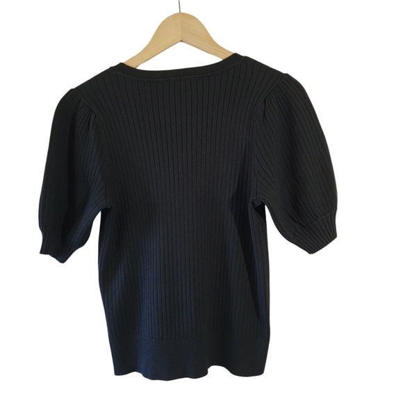 ELIE TAHARI Black Ribbed Knit Sweater Top Sz L Short Sleeve Crewneck Minimalist - Picture 2 of 12